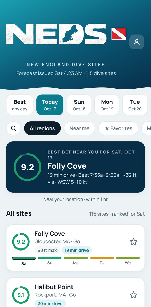 The NEDS home screen: today's best dive near you, Folly Cove, scored 9.2